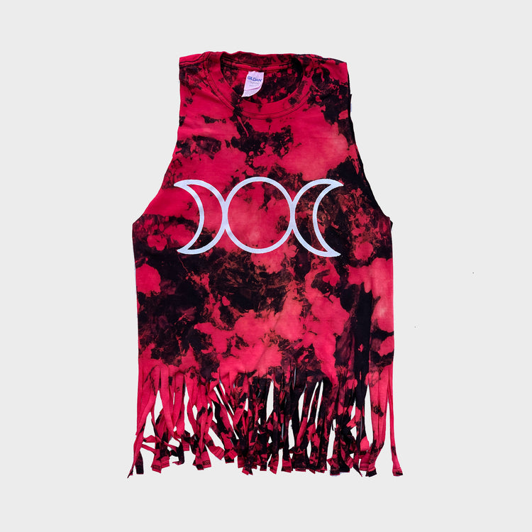 Mother Maiden Crone Red/Black Reverse Tie Dye Fringed Crop Top - Free Shipping - iimvclothing