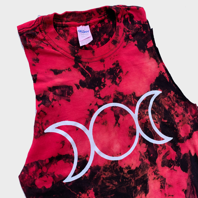 Mother Maiden Crone Red/Black Reverse Tie Dye Fringed Crop Top - Free Shipping - iimvclothing