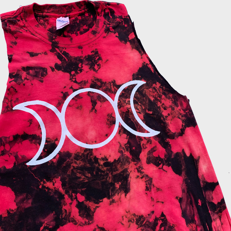 Mother Maiden Crone Red/Black Reverse Tie Dye Fringed Crop Top - Free Shipping - iimvclothing