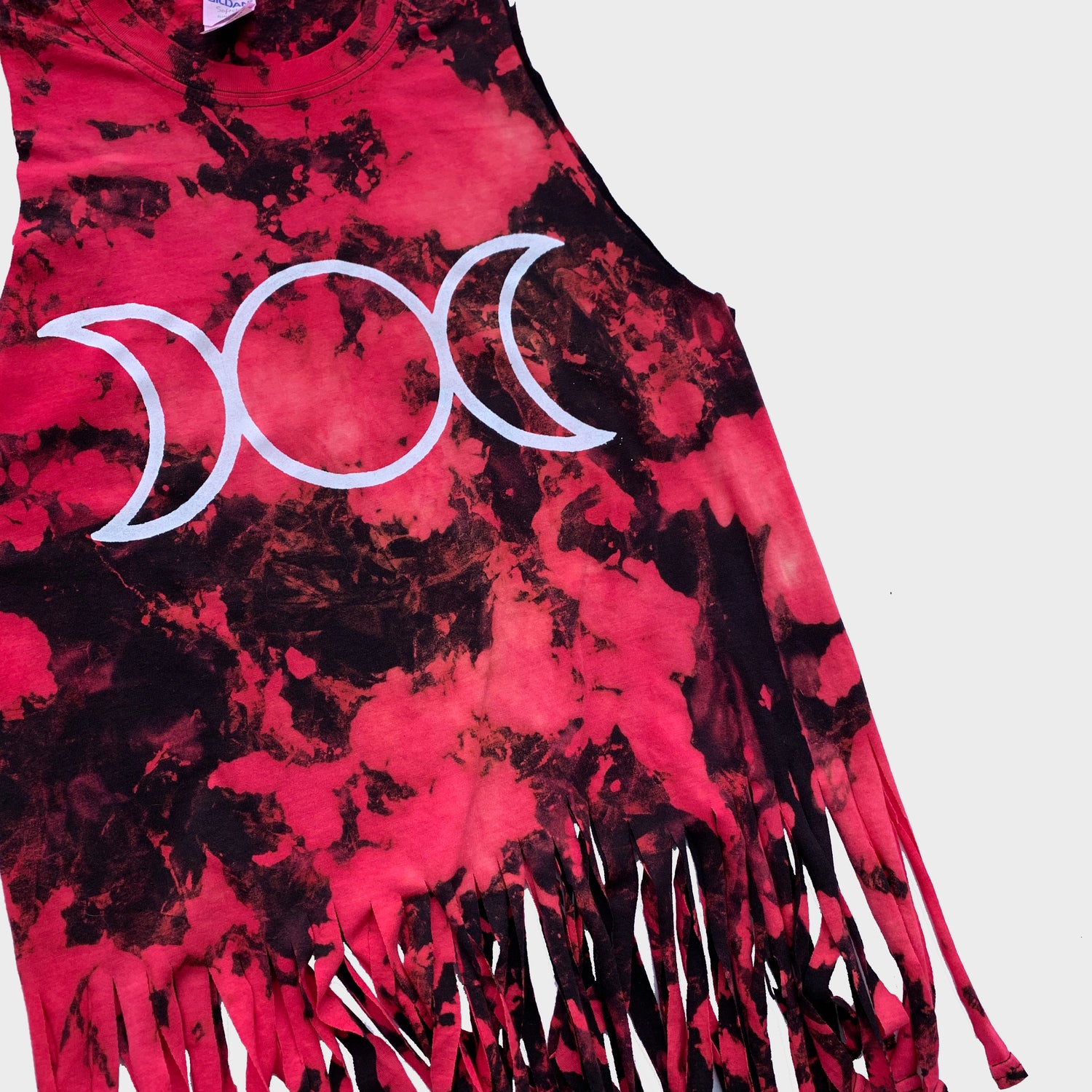Mother Maiden Crone Red/Black Reverse Tie Dye Fringed Crop Top - Free Shipping - iimvclothing