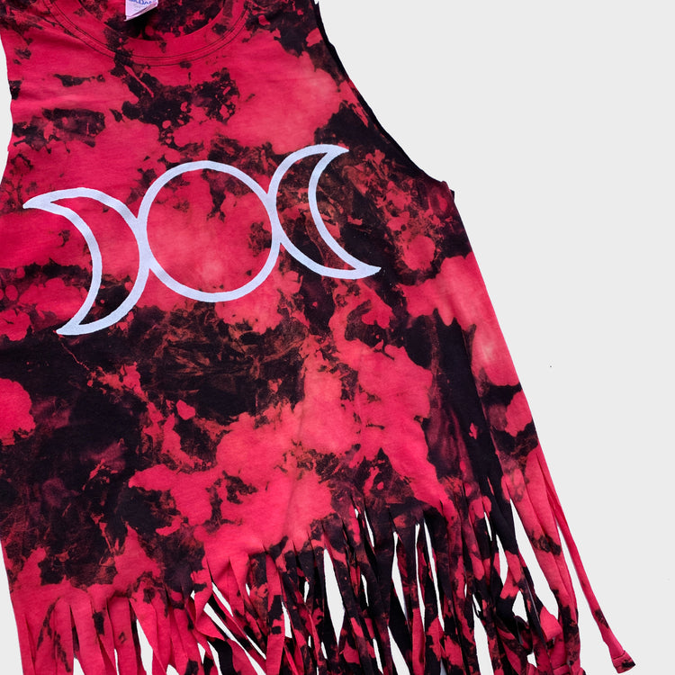 Mother Maiden Crone Red/Black Reverse Tie Dye Fringed Crop Top - Free Shipping - iimvclothing