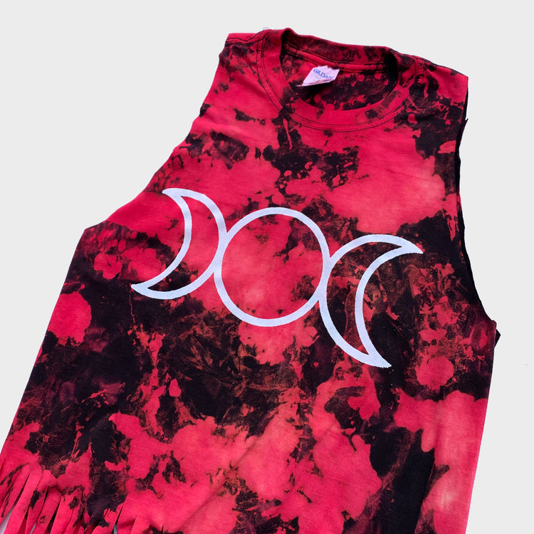 Mother Maiden Crone Red/Black Reverse Tie Dye Fringed Crop Top - Free Shipping - iimvclothing