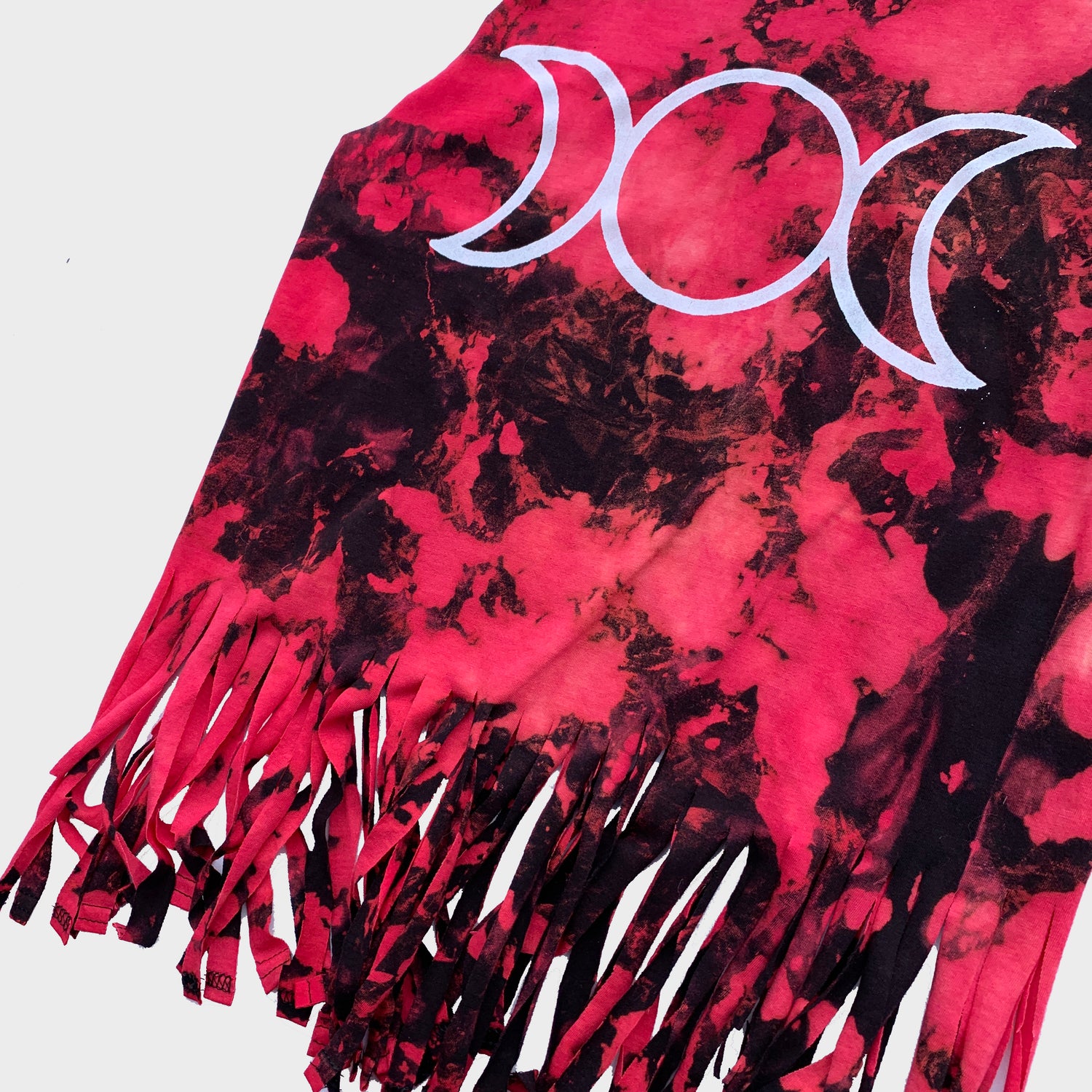 Mother Maiden Crone Red/Black Reverse Tie Dye Fringed Crop Top - Free Shipping - iimvclothing